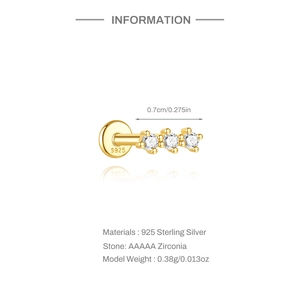 Detail of s925 silver gold cartilage stud with AAAAA zircons and S925 hallmark
