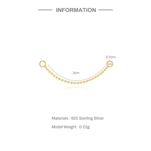 Macro detail of 3cm 925 sterling silver golden ball chain with closure rings for jewelry