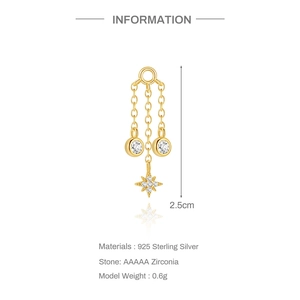 Dettaglio orecchini nappina in argento S925 con stelle in zircone AAAAA e catenine