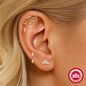 S925 sterling silver gold plated piercing set with geometric marquise opal and zircons
