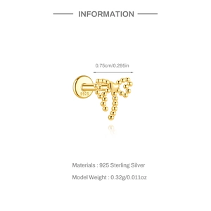 Detailed view of 925 silver golden bow stud earring with weight and size specifications