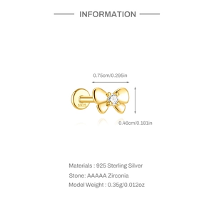 S925 silver golden bow ear stud with AAAAA zircon and detailed size measurements