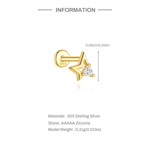 Close-up of S925 sterling silver star cartilage stud with heart-shaped zirconia stone
