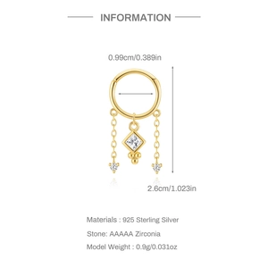 Dettaglio dell'orecchino nappa in argento S925 con zirconi AAAAA e specifiche dimensionali