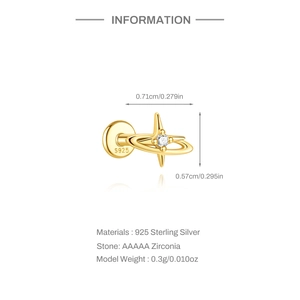 Detail of gold S925 silver star earring with AAAAA zirconia and technical dimensions