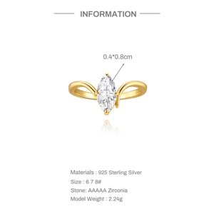 Macro detail of 925 sterling silver ring with marquise cut zircon and product specs