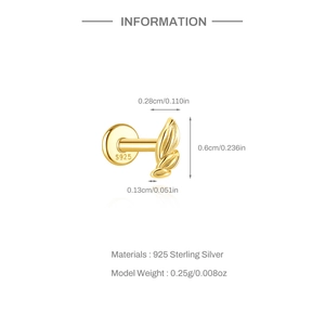 Detailed macro view of S925 sterling silver golden leaf cartilage piercing stud with logo