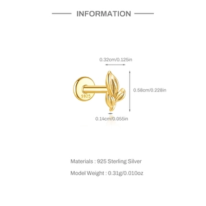 Detailed size specifications for a gold S925 sterling silver leaf cartilage earring