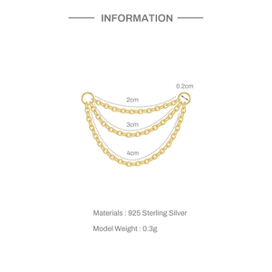 Detailed size chart for 925 sterling silver triple chain piercing accessory in gold