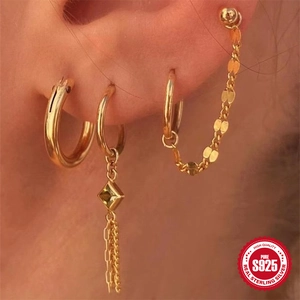 Conjunto de pendientes de plata S925 dorada con aros y colgantes de borla de cadena