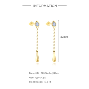 Detail view of S925 silver long drop earrings with opal stones and 37mm length dimensions