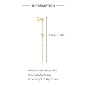 Detail view of S925 sterling silver chain earrings with dimensions and cubic zirconia info