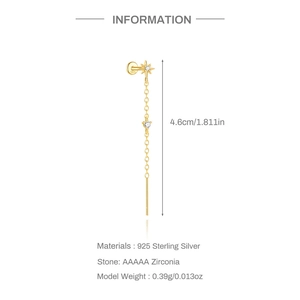 Detail of S925 sterling silver gold earring with star stud, chain fringe and zirconia