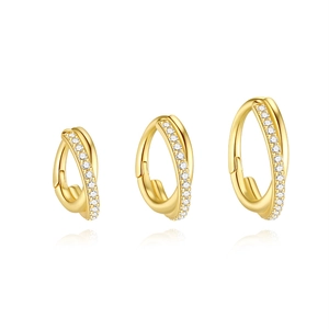 Three sizes of 925 sterling silver gold-plated crossover hoop earrings with zircon pavé