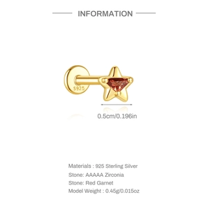 Detailed specs of S925 sterling silver star stud with red garnet and 5A zirconia stones