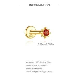 Detail of red garnet star stud earring in S925 sterling silver with product specifications