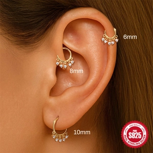 Anello al Naso in Argento Sterling S925 Con Nappa Granato Zirconia Intarsiata Boho Oro Clicker Clip per Cartilagine Gioielli Donna