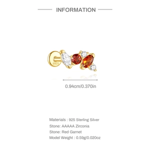 S925 sterling silver ear stud with red garnet and zirconia including size and weight specs