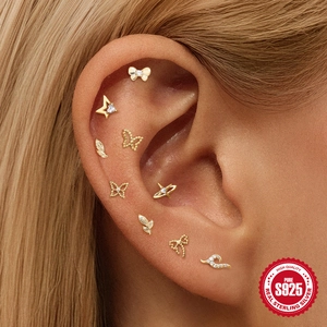 S925 sterling silver bow and star earring set with gold plating and zircon accents