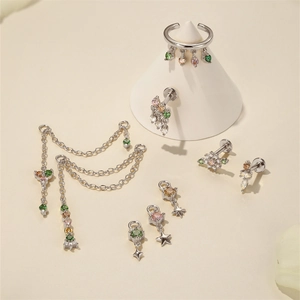 Close-up of S925 sterling silver stamp on earrings with colorful zircon stones