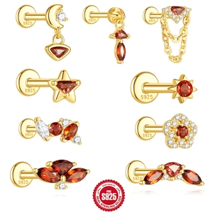 S925 Sterling Silver Red Garnet Zirconia Ear Cartilage Stud Gold Plated Vintage Flat Head Piercing Earrings For Women