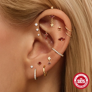 S925 sterling silver ear piercing set with red garnet and geometric crystals