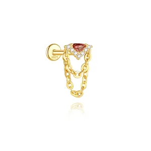 S925 silver gold-plated garnet earring with geometric diamonds and double tassels