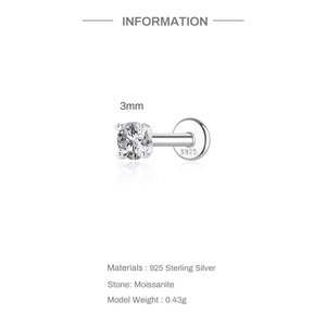 Detail of 3mm Moissanite stud earring in S925 sterling silver with a flat back screw