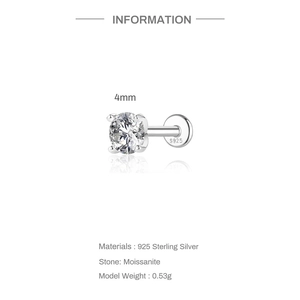 Macro detail of a 4mm moissanite stud showing 925 sterling silver stamp and 4-prong setting