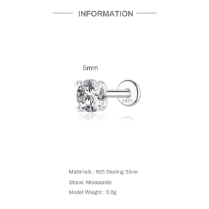 Macro detail of 5mm moissanite stud earring with S925 sterling silver stamp