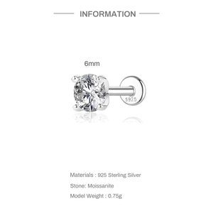 Detail view of 6mm Moissanite stud earring with S925 sterling silver hallmark engraving