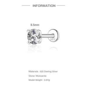 Detail showing S925 silver moissanite stud earring with 4-prong setting and flat back
