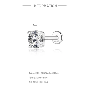 Detailed macro view of 7mm moissanite stud with 925 sterling silver four-prong setting