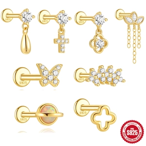925 Sterlingsilber Vergoldet Labret Ohrstecker Zirkonia Opal Kreuz Schmetterling Wassertropfen Saturn Quaste Knorpel Piercing Schmuck Damen