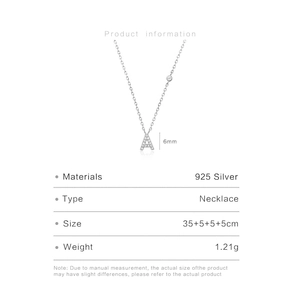 Close-up of S925 sterling silver letter A necklace with size specs and 1.21g weight details