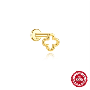 S925 Sterling Silber hohler Kleeblatt Ohrstecker mit Goldbeschichtung und Punzierung