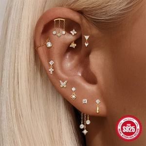 S925 sterling zilveren gouden oorbellen set met achtpuntige ster en zirkonia voor dames