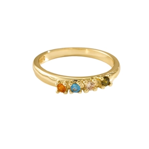 Golden S925 sterling silver ring with four colorful zircon stones on white background