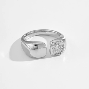 Minimalist S925 sterling silver open ring with square block and pavé zircon stones
