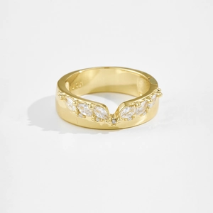 Bague Couronne en Forme de V en Argent Sterling 925 Plaqué Or 18K Avec Zirconium Marquise Incrusté Bijoux pour Femmes