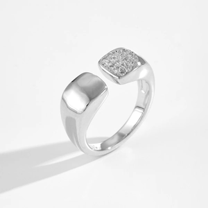 Minimalist square zircon open ring in silver S925 finish shown from a front angle