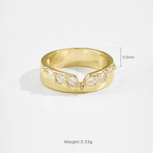 Bague en V irrégulière en argent S925 plaqué or 18K avec des pierres de zircon marquise