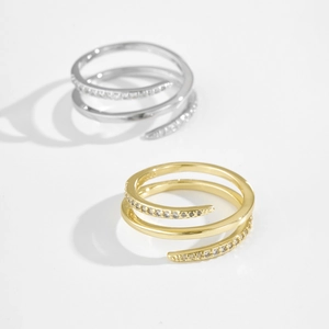 Adjustable triple-layer spiral rings in gold and silver finish with pavé set zircons