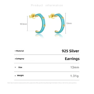 Détails de boucles d'oreilles en argent S925 avec émail bleu et petits zircons