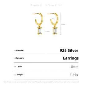 Detailed size specifications for gold plated S925 silver rectangular zircon earrings