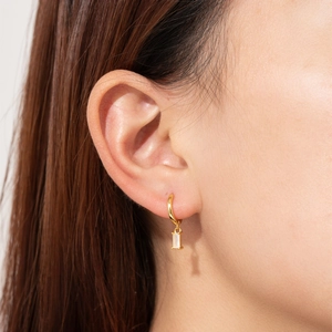 Classic S925 sterling silver gold hoop earrings with rectangular white stone pendants