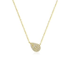 Elegant gold pear-shaped pendant necklace with micro-pave stones on thin cross chain
