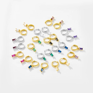 S925 sterling silver rectangular earrings with colorful zircon stones in various colors