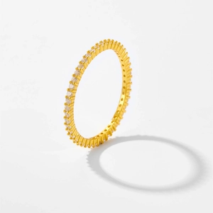 Detailed view of a gold-plated sterling silver eternity ring with white round pavé crystals