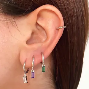 Set of S925 sterling silver hoop earrings with emerald, amethyst, and clear zircon stones
